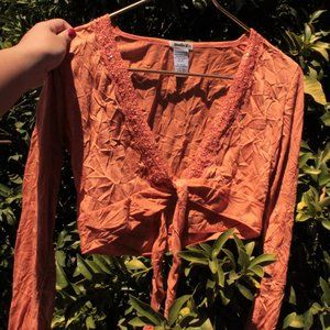 Y2K Tie Front Orange Cropped Long Sleeve Cardigan